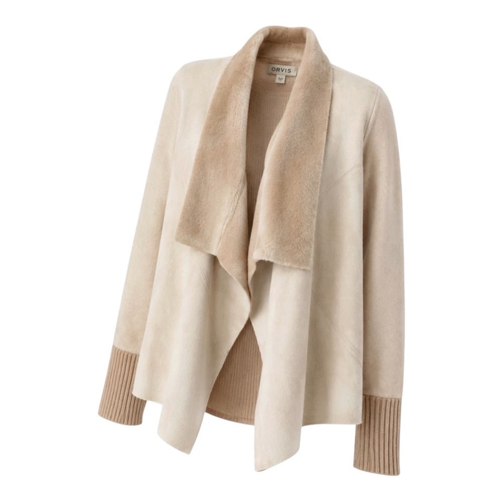 Orvis Merino Wool Draped Cardigan Sweater Cream Oatmeal Cozy Cabin Quiet Luxury